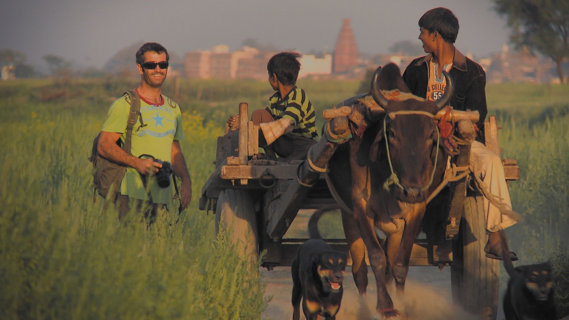 Sean Fletcher meets village boys on a bullock cart