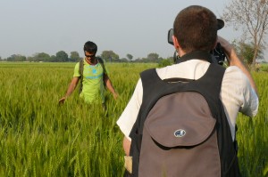 A walk in a field, simple task. Not so simple if you can't see what's behind your feet. Armand Gachet walks in Vrindavan fields on the set of the 'Reconnection', a multi-award winning film.