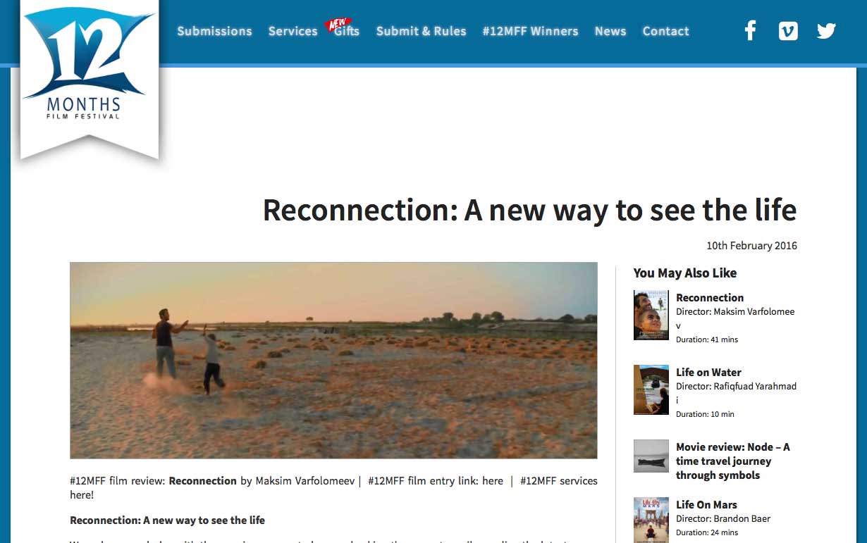 Featured image for “Reconnection wins at 12 Months Film Festival, Receives A Good Review”