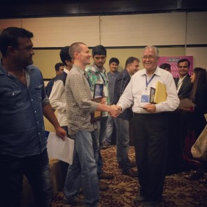 The legendary G.L. Bhardwaj with Maksim Varfolomeev, the director of 'Reconnection'. The awards ceremony after party. Indian Cine Film Festival, Mumbai, India, September 2015.