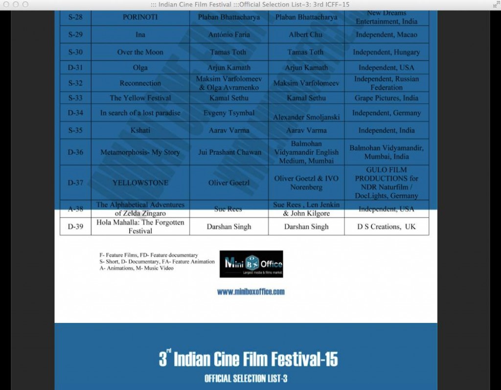 'Reconnection'  gets into Selection of Indian Cine Film Festival for the screening and judgement on September 19 2015 in Mumbai, India.